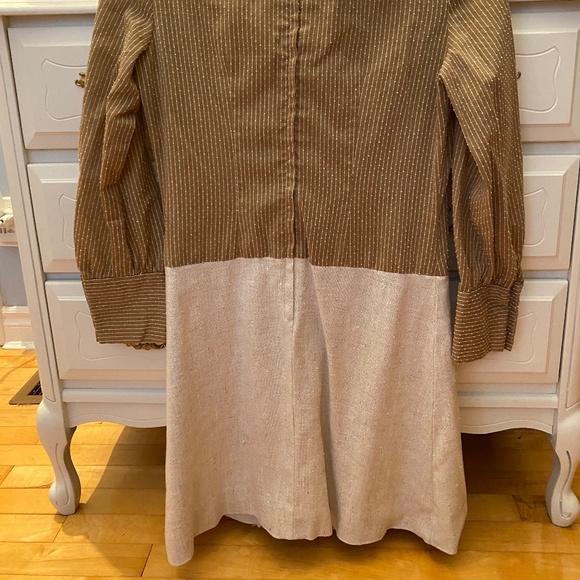 60s/70s Size S Mini Dress Neck Tie Linen Skirt Gold Beige Bodice - Picture 4 of 16